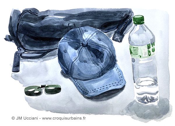 Casquette et bouteille d'eau. Nature morte aquarelle format 30/40.