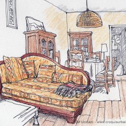 Dessin au roller et crayon de couleur d'une méridienne jaune.